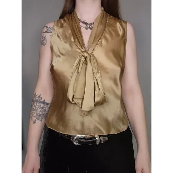 Y2k The Limited Gold Shimmery V-Neck Tie Front Poet Silk Croquette Tank Top Sz S - Picture 4 of 8